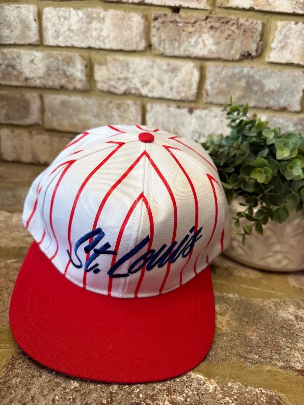 Vintage | St. Louis Red & White Striped Baseball Cap with Blue Script